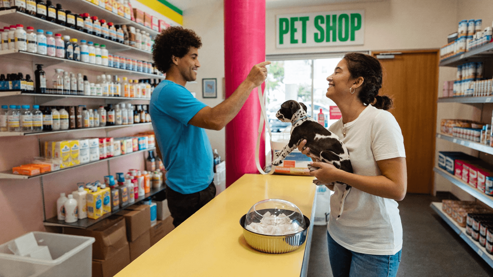 Tutora entregando cachorro recém tosado no balcão de um pet shop de bairro