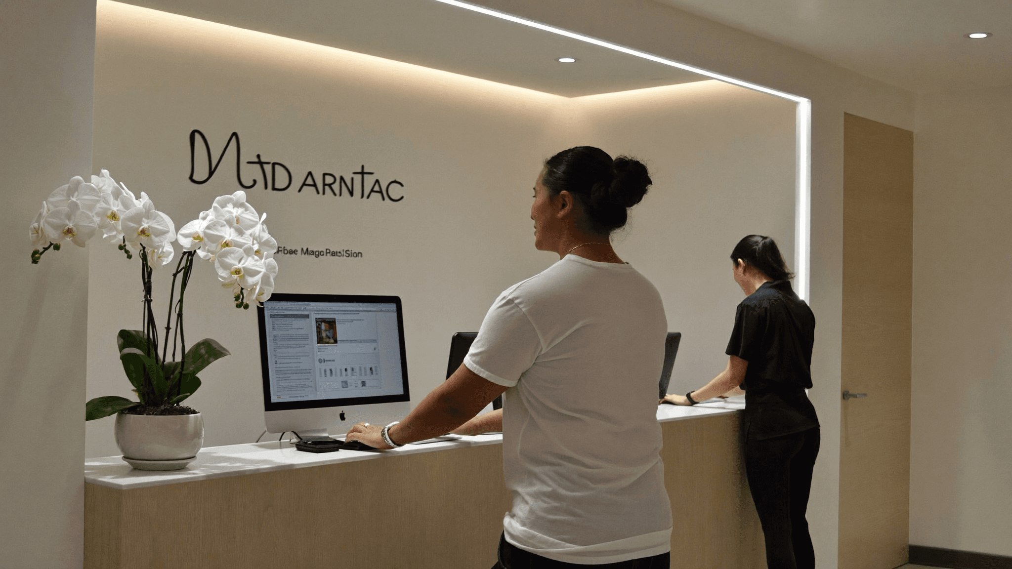 Esteticista organizando agenda de sessões em clínica de estética moderna
