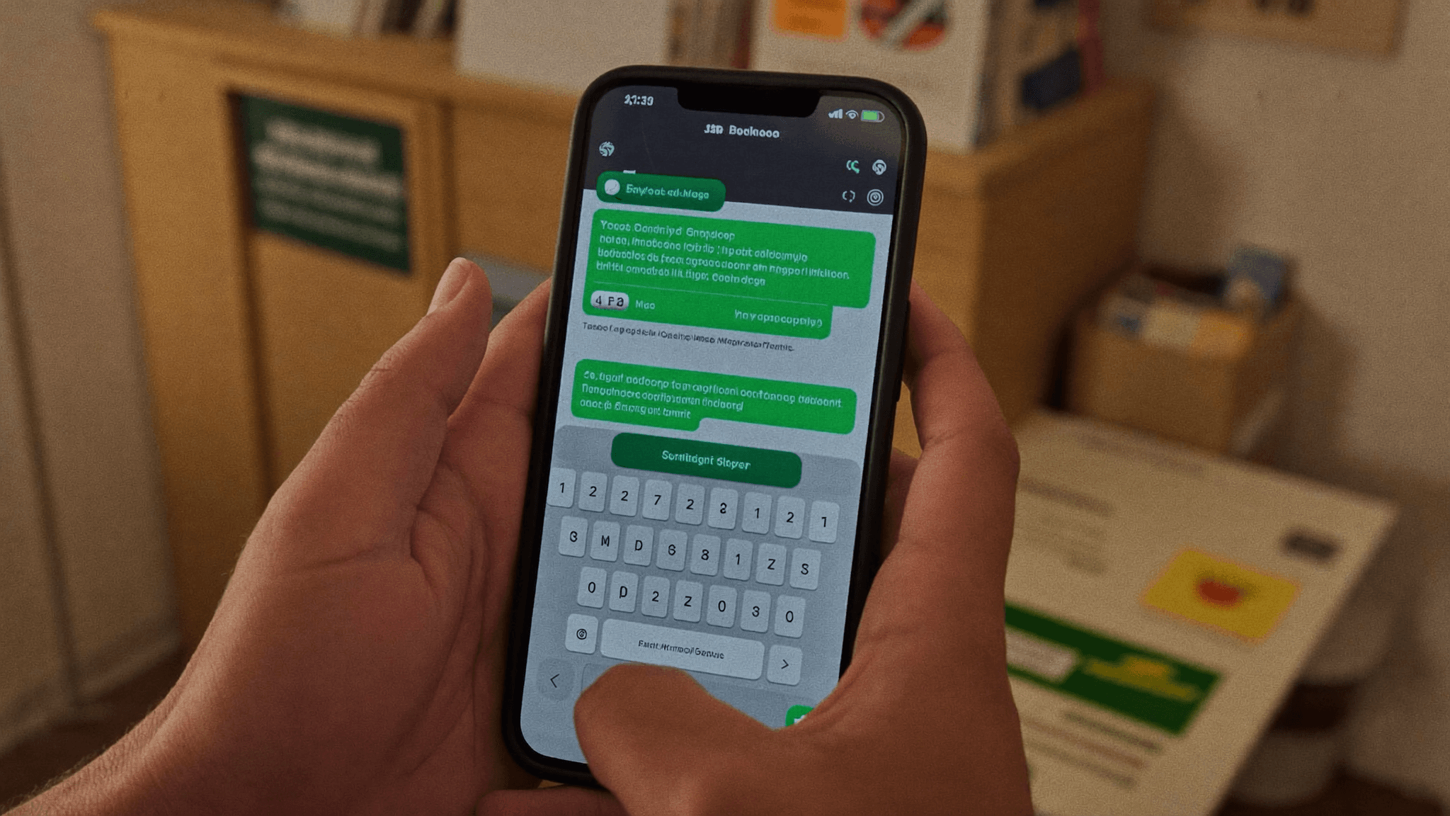 Dono de negócio local segurando o celular com uma conversa de WhatsApp com mensagens automáticas